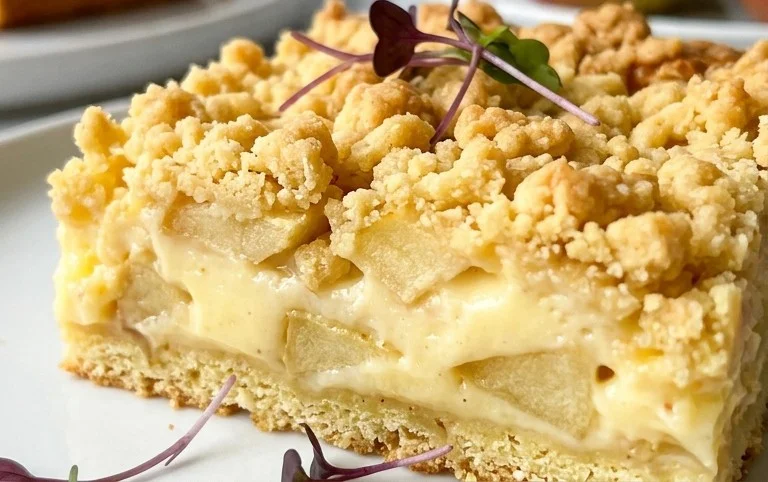 Apfelkuchen vom Blech - mit Pudding und knusprigen Streusel